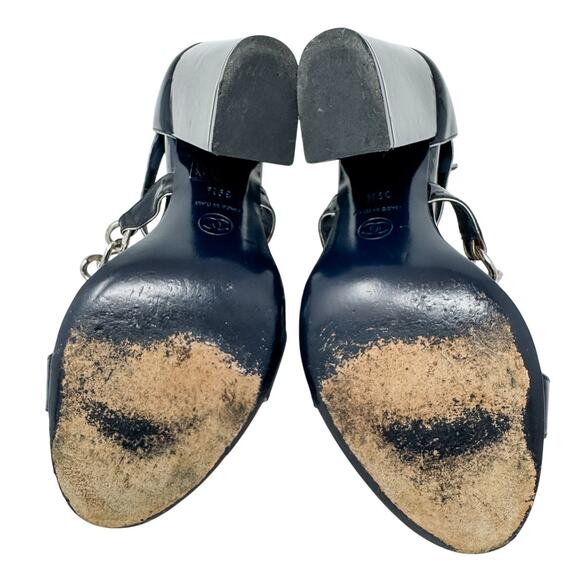 Chanel Patent & CC Logo Chain Link Navy Silver Block Heel Sandals size 39.5 - Picture 6 of 16